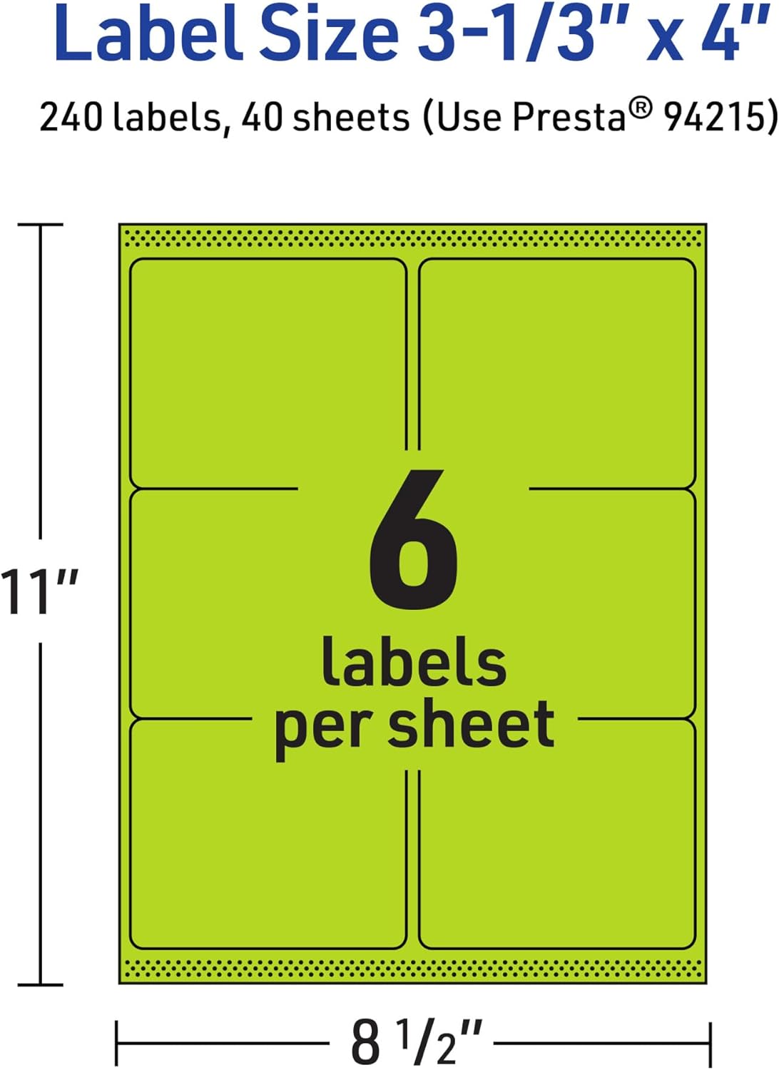 Avery Printable Rectangle Labels, Sure Feed Technology, 3-1/3" x 4", Bright Green, Laser/Inkjet Printable