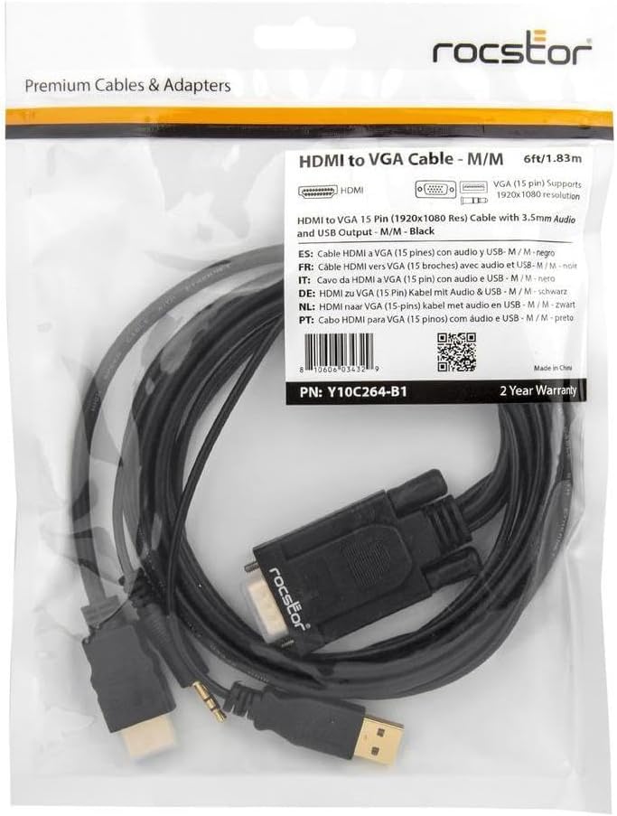 Rocstor Premium 6ft VGA to HDMI Converter Cable with Power and Audio Support M/M - Compatible with Computers, pc, Desktop