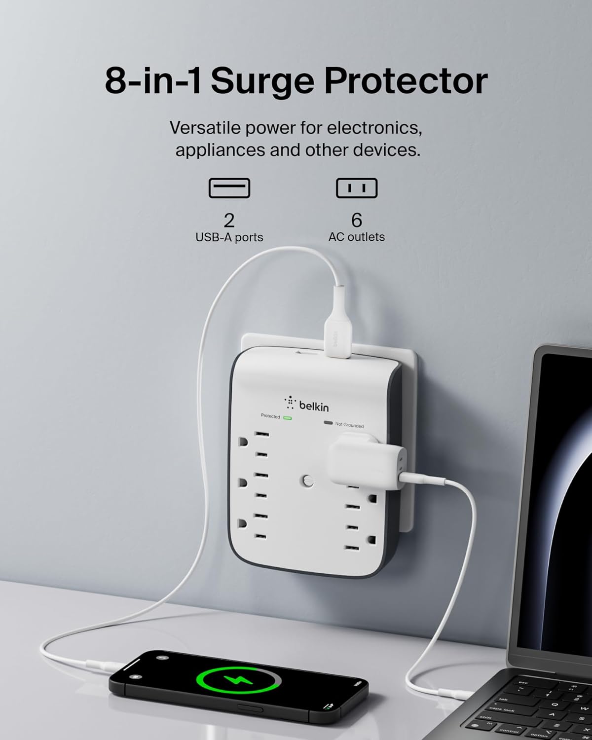 Belkin 6-Outlet Wall Surge Protector w/ 2 USB-A Ports, Wall-Mountable - 900 Joules