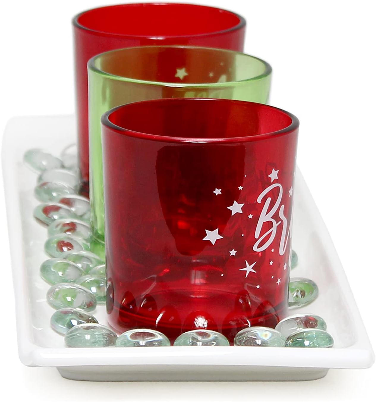 Elegant Designs HG5000-GAR Christmas Décor Winter Wonderland Decoration Glass Candle Set of 3 with Tray and Beads