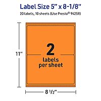 Avery Printable Rectangle Labels, Sure Feed Technology, 5" x 8-1/8", Bright Orange, Laser/Inkjet