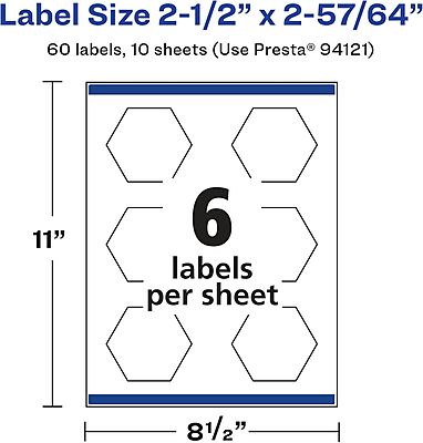 Avery Glossy White Hexagon Labels, Sure Feed Technology, 2-1/2" x 2-57/64", Print-to-The-Edge, Permanent Adhesive, Laser/Inkjet Printable