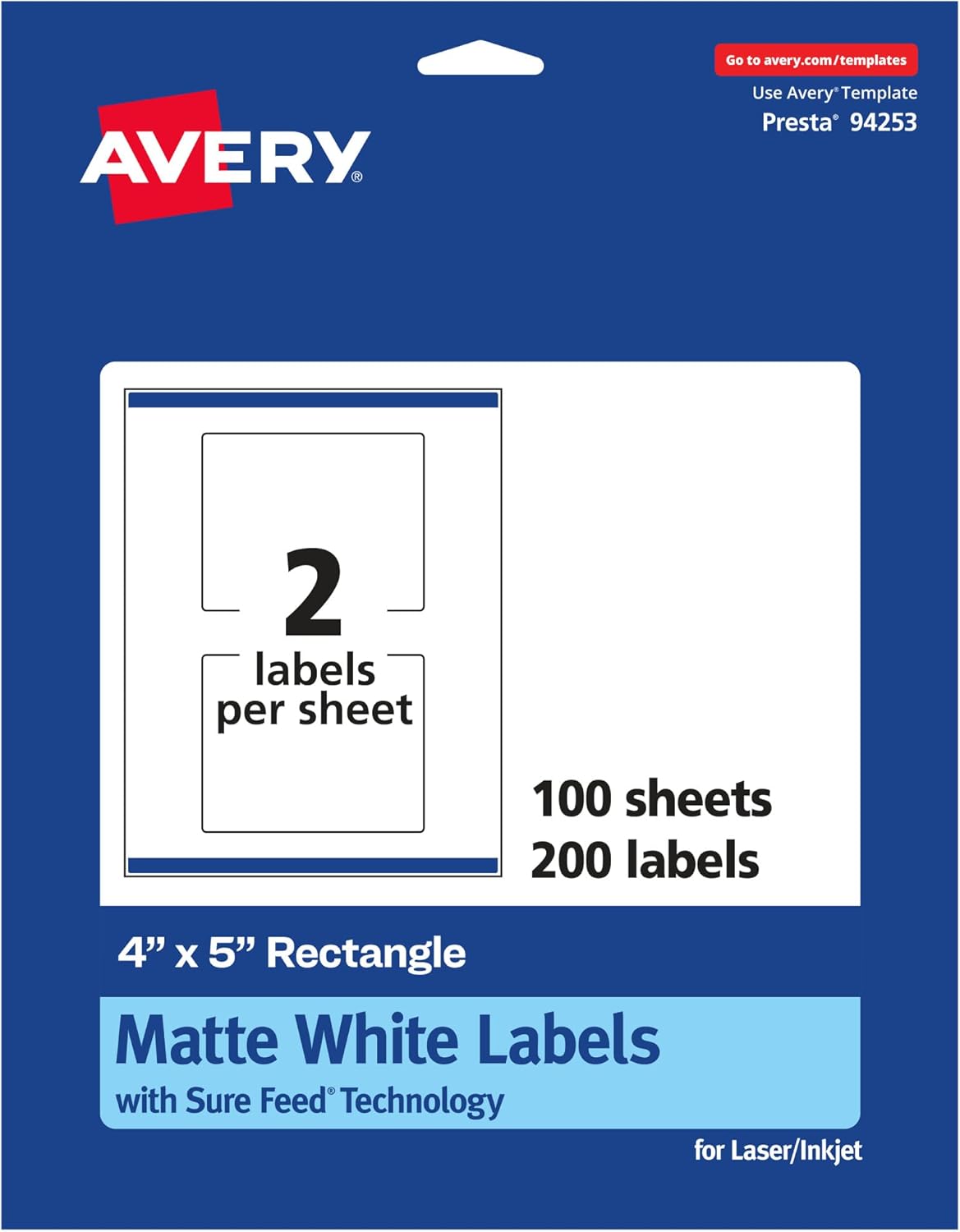 Avery Matte White Rectangle Labels, Sure Feed Technology, 4" x 5", Printable