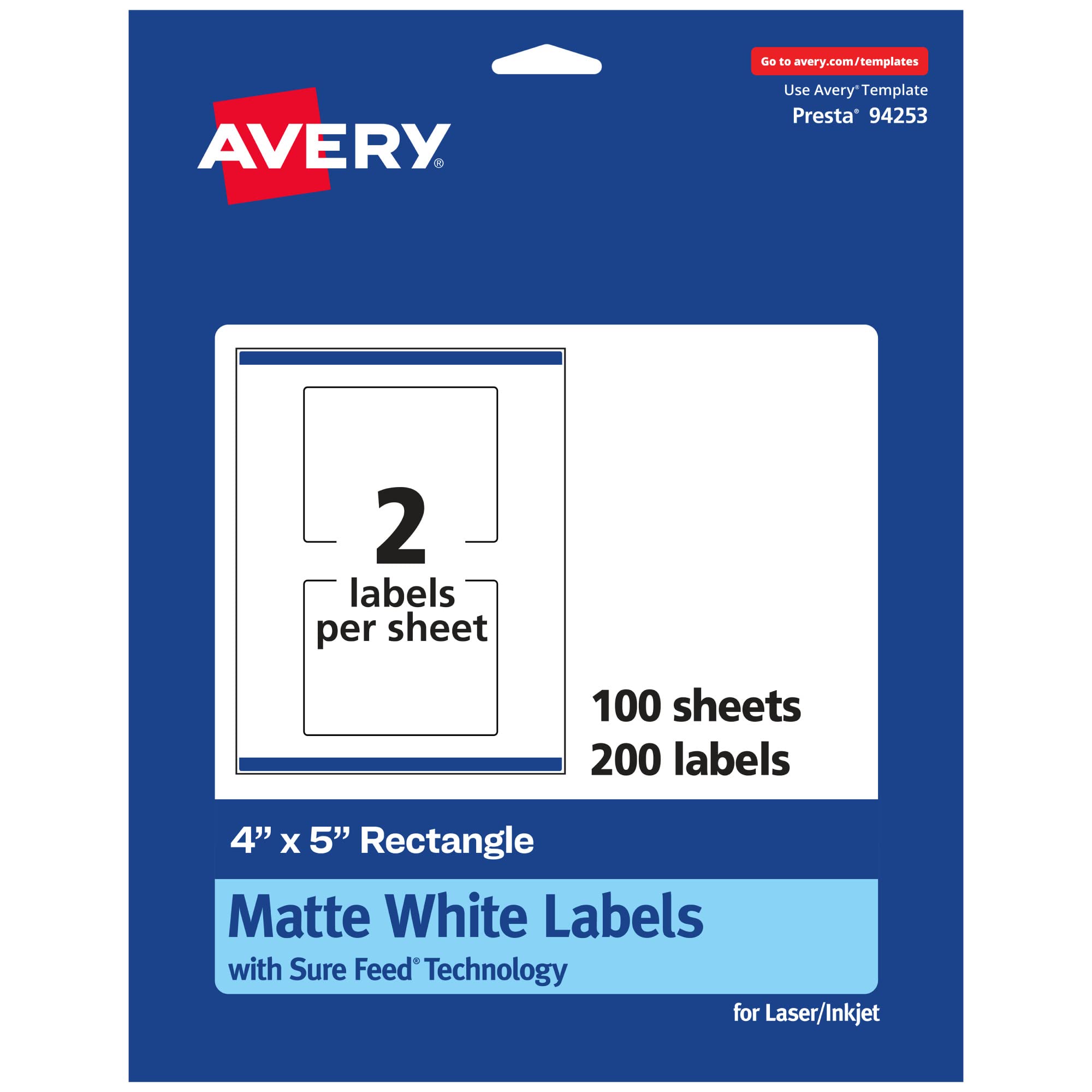 Avery Matte White Rectangle Labels, Sure Feed Technology, 4" x 5", Printable
