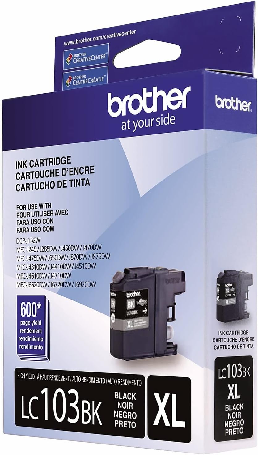 Brother Genuine High Yield Black Ink Cartridge, LC103BK, Replacement Black Ink, Page Yield Up to 600 Pages