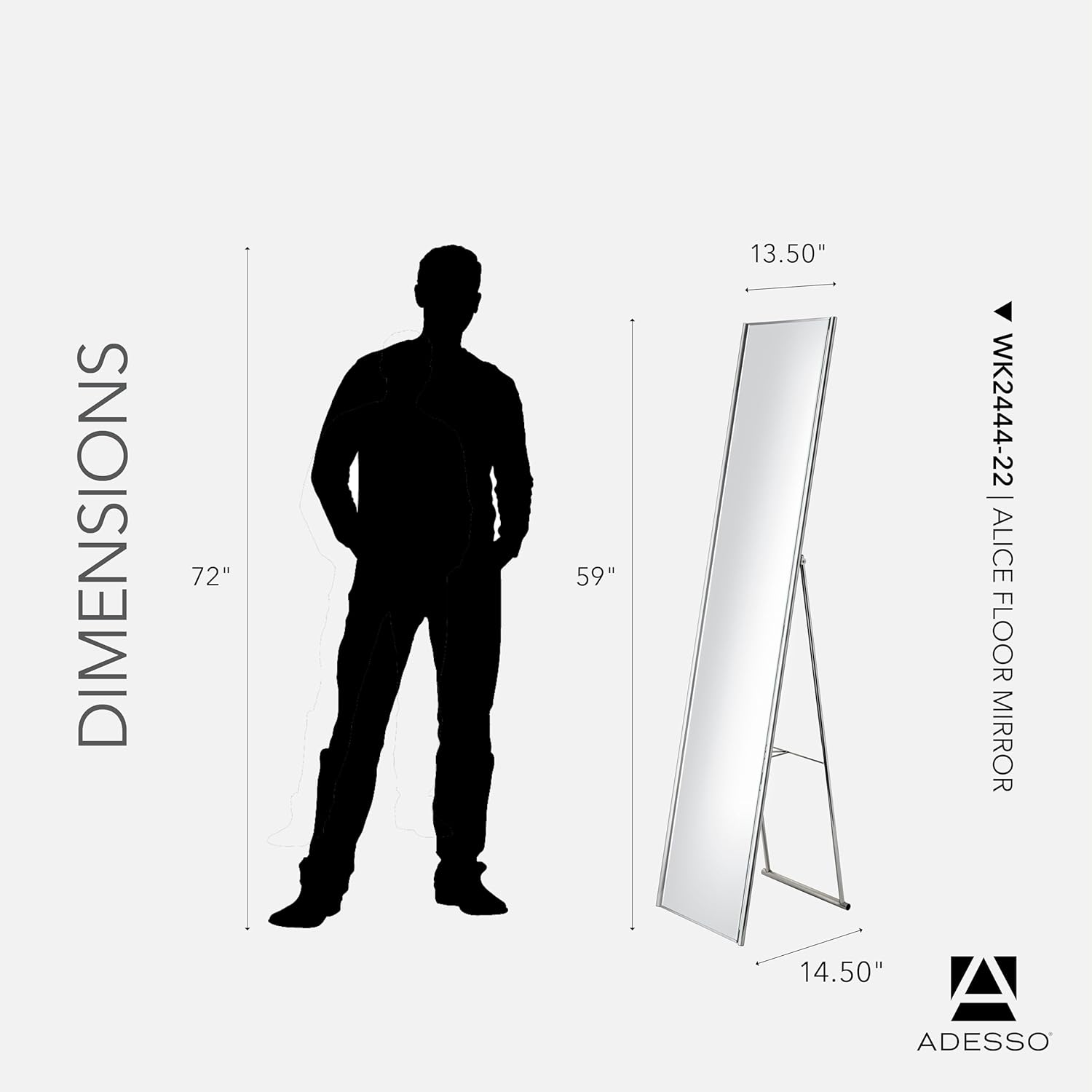 Adesso Alice Floor Mirror, Freestanding, Full Length Mirror with Foldable Kickstand, Lightweight, Brushed Steel Frame