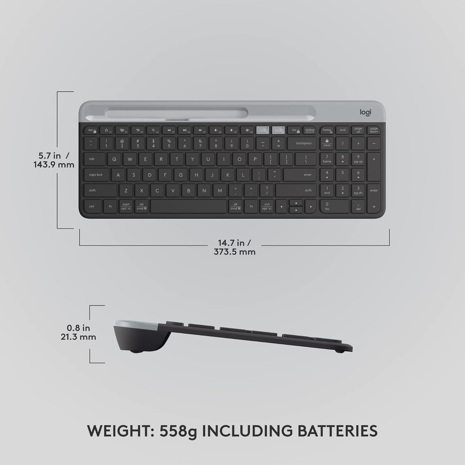 Logitech K585 Multi-Device Slim Wireless Keyboard, Built-in Cradle for Device; for Laptop, Tablet, Desktop, Smartphone