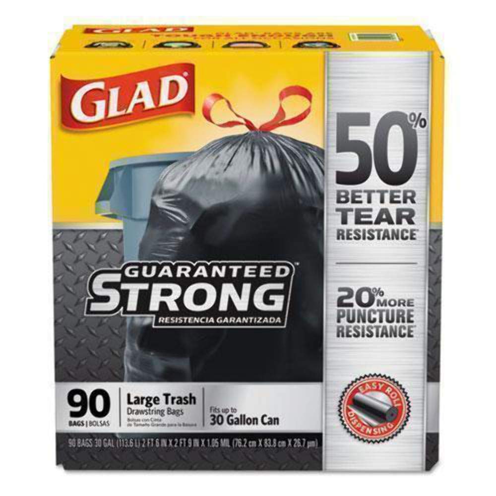 GLAD Drawstring Large Trash Bags, 30 X 33, 30gal, 1.05mil, Black, 90/carton 90 Count (Pack of 1)