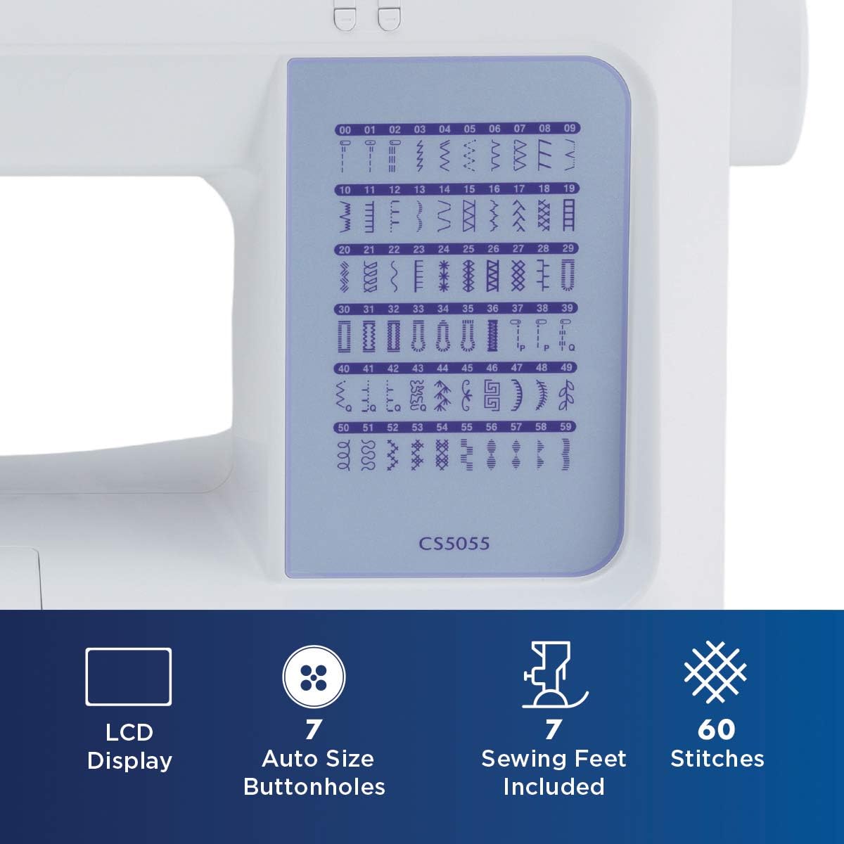 Brother CS5055 Computerized Sewing Machine, 60 Built-in Stitches, LCD Display, 7 Included Feet, White New Model: CS5055