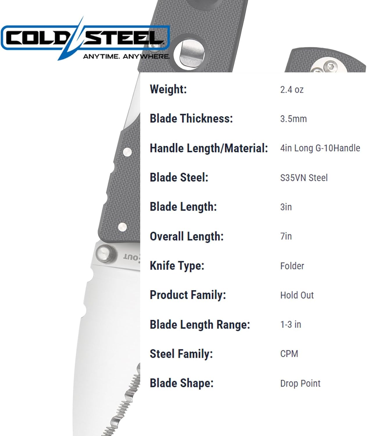 COLD STEEL Hold Out 3" S35VN Folding Pocket Knife with G-10 Handle and Tri-Ad Lock