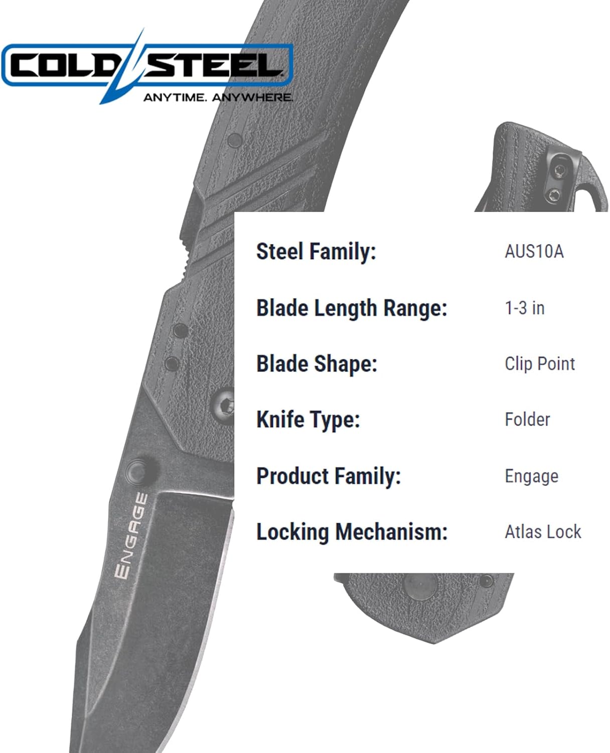 COLD STEEL Engage 3" AUS10A Clip Point Folding Knife with Atlas Lock