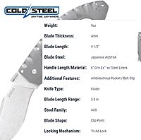 COLD STEEL Spartan 4.5 in Japanese AUS10A Blade Tactical Pocket Folding Knife withTri-Ad Lock and Griv-Ex Handle withSteel
