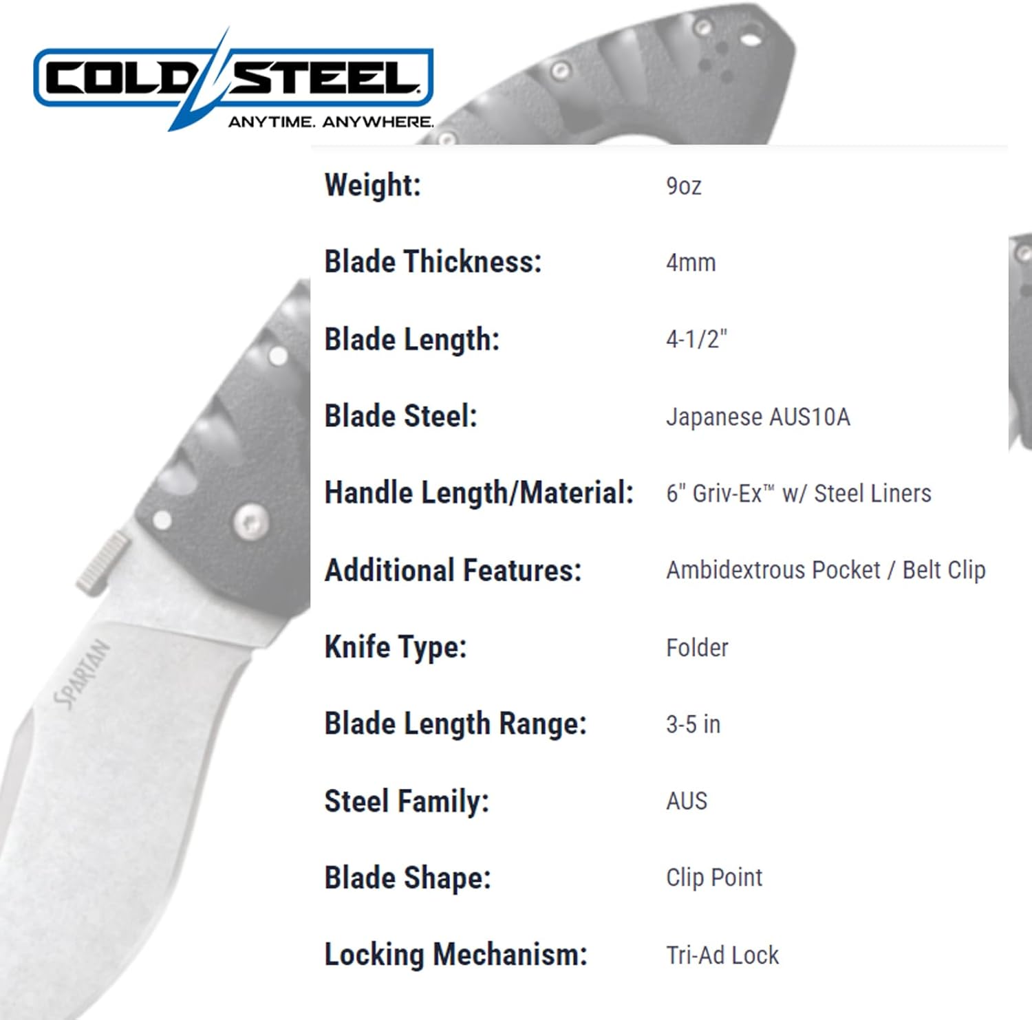 COLD STEEL Spartan 4.5 in Japanese AUS10A Blade Tactical Pocket Folding Knife withTri-Ad Lock and Griv-Ex Handle withSteel