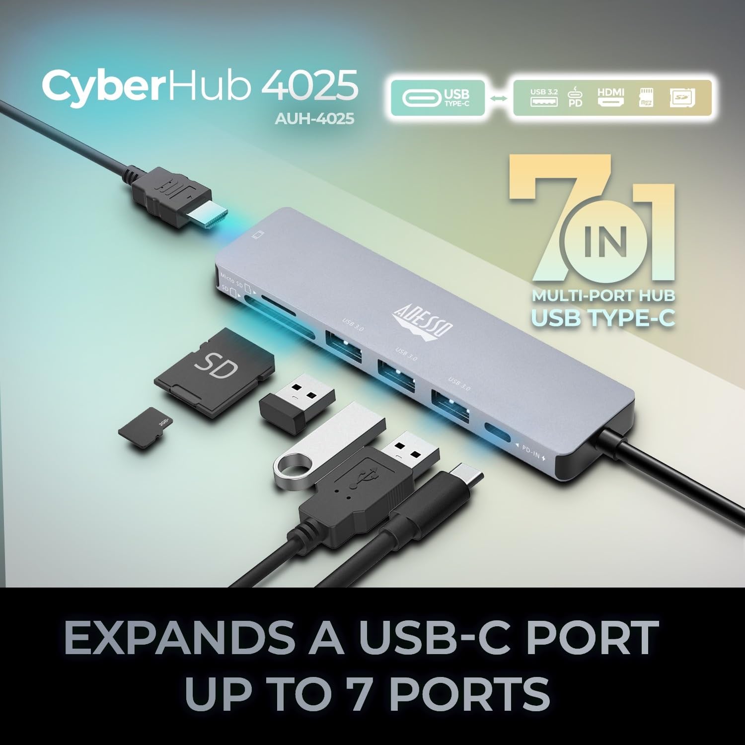 Adesso AUH-4025 USB C Docking Station Multiport Adapter Type C Hub Supports USB C to x1 4K HDMI, 3X USB-A 3.2, 1x PD