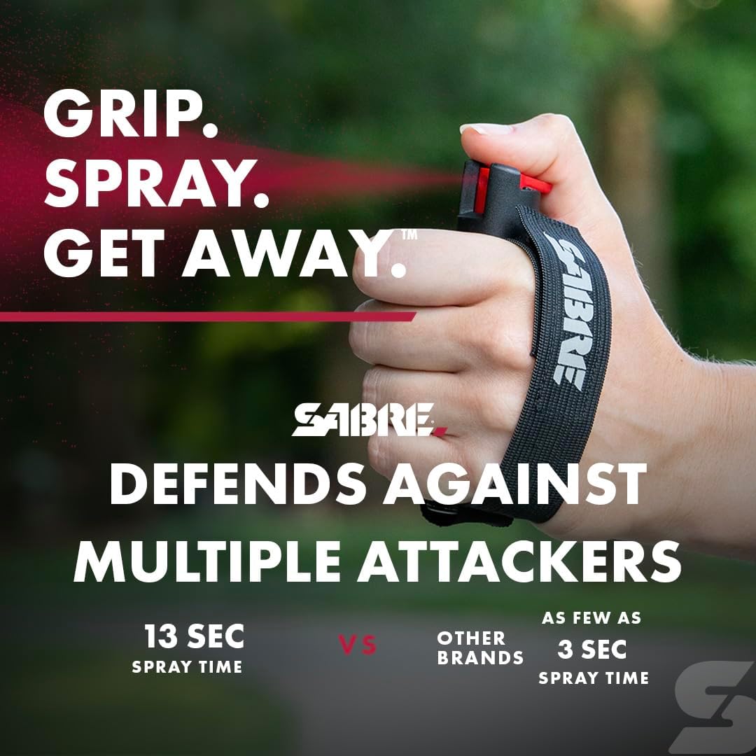 SABRE Runner Defense Spray, 3-in-1 Formula Contains Pepper Spray, CS Military Tear Gas & UV Marking Dye, Max Strength