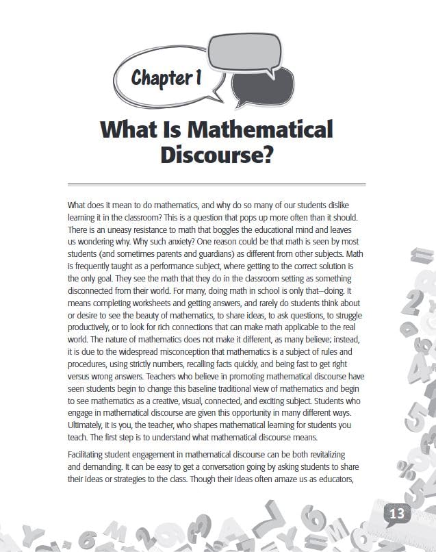 Mathematical Discourse: Let the Kids Talk! –Helps teachers to get students talking about math and explain their problem-solving methods and reasoning (Grades K-12) (Professional Resources)