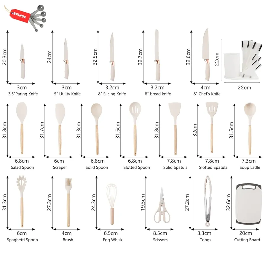 19PCS SET OF SILICONE COOKING SPOONS COOKWARE CHOPPING BOARD KNIVES WITH KNIVES STAND & STORAGE