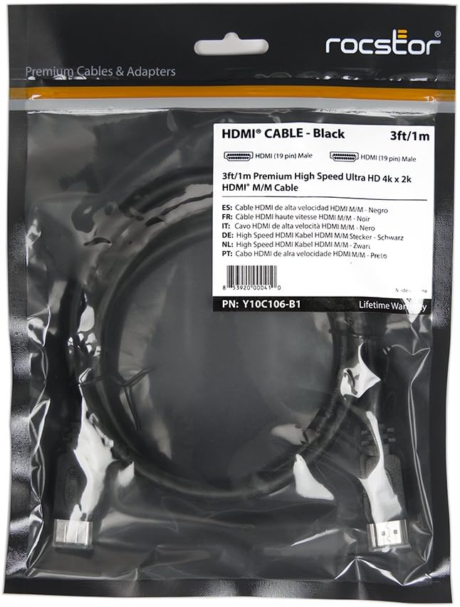 Rocstor Premium High-Speed HDMI (M/M) Cable With Ethernet, 3ft