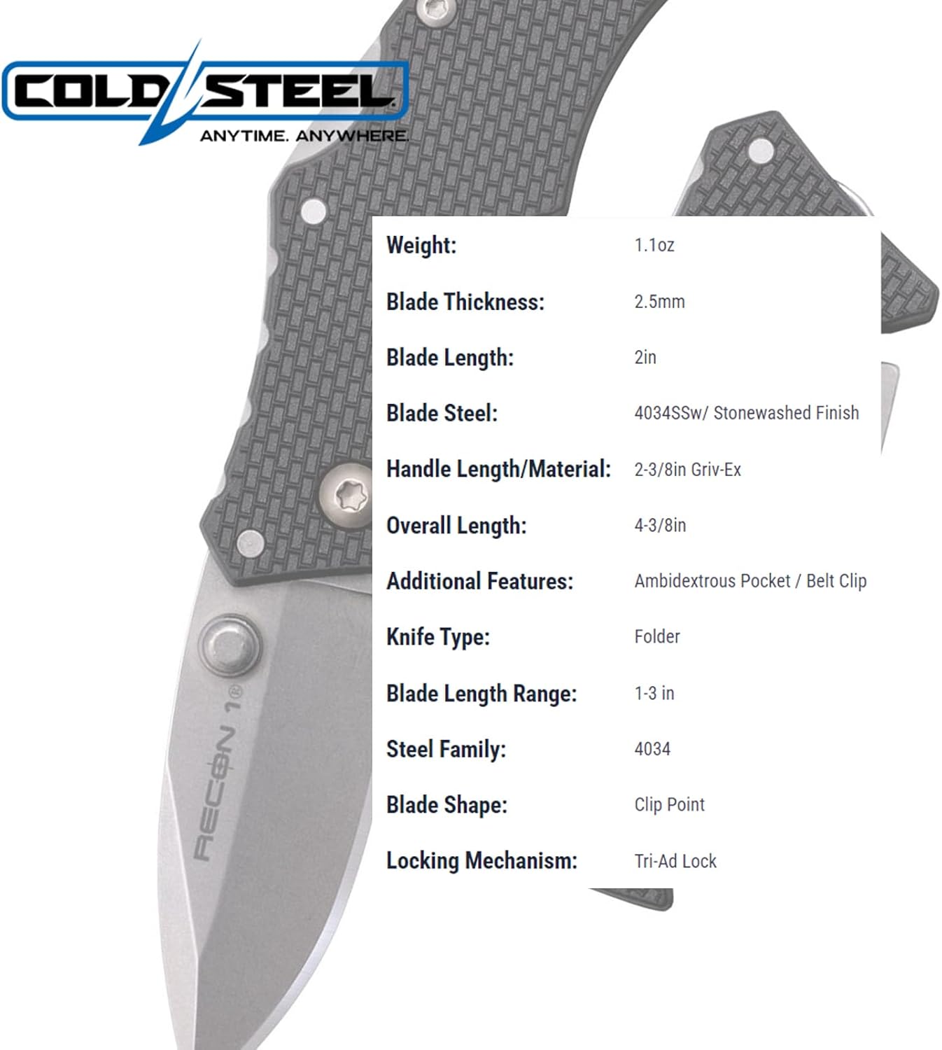 Cold Steel Micro Recon 1 2" 4034SS Razor-Sharp Blade 2.375" Griv-Ex Handle Tactical Folding Knife w/Tri-Ad Lock, Ambidextrous Pocket/Belt Clip Spear Point