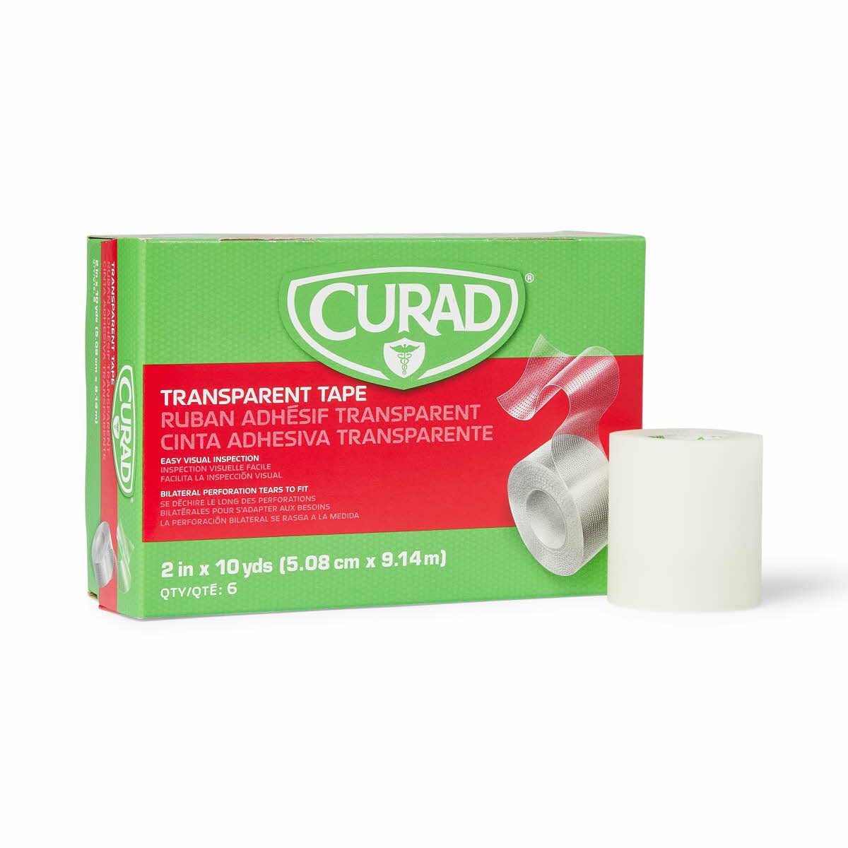 CURAD Adhesive Tape, 2in x 10 Yd., Transparent, Pack Of 6