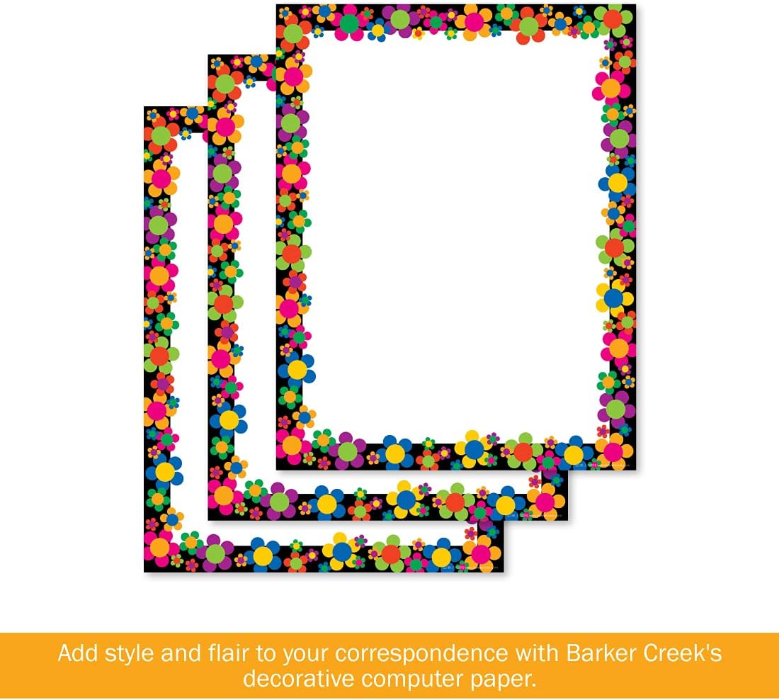 BARKER CREEK Designer Computer Paper, Neon Flower Power, 8.5” x 11”, Decorative Printer Paper, Stationery, 50 Sheets per Pkg