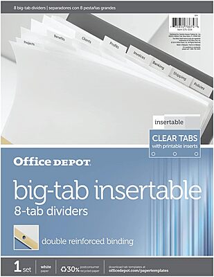 Office Depot Brand Insertable Dividers with Big Tabs, White, Clear Tabs, Set of 8