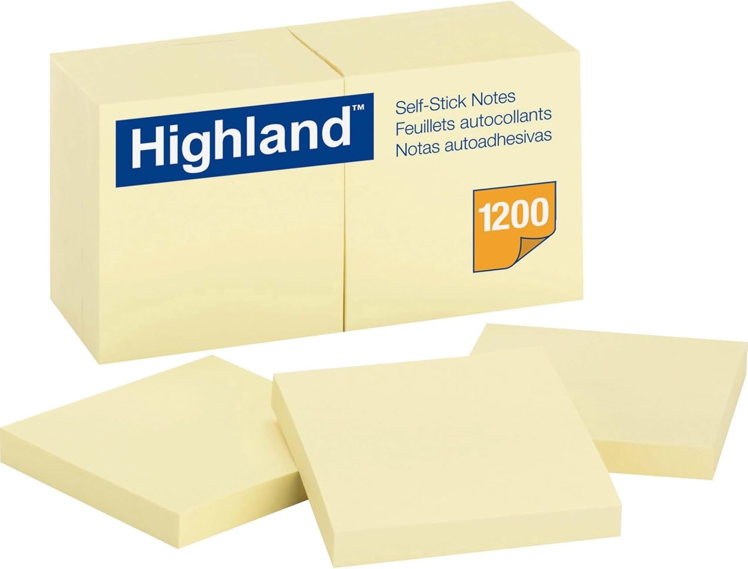 Highland™ Self-Stick Notes, 3 in x 3 in, Yellow, 12 Pads/Pack, 100 Sheets/Pad