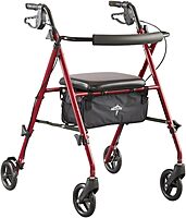 Medline Superlight Folding Aluminum Mobility Rollator Walker, Red, 250 lb. Weight Capacity, 6" Wheels, Adjustable Arms and Seat, Foldable Rolling Walker for Seniors Burgundy