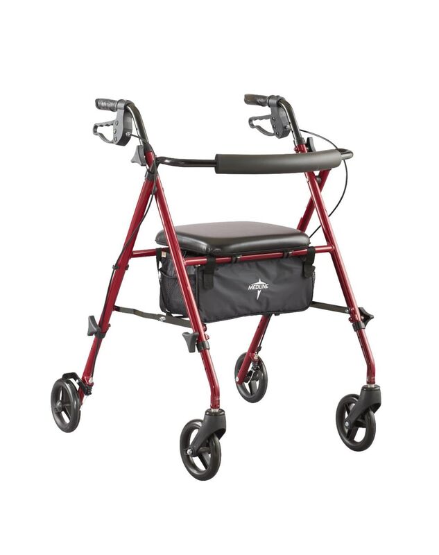 Medline Superlight Folding Aluminum Mobility Rollator Walker, Red, 250 lb. Weight Capacity, 6" Wheels, Adjustable Arms and Seat, Foldable Rolling Walker for Seniors Burgundy