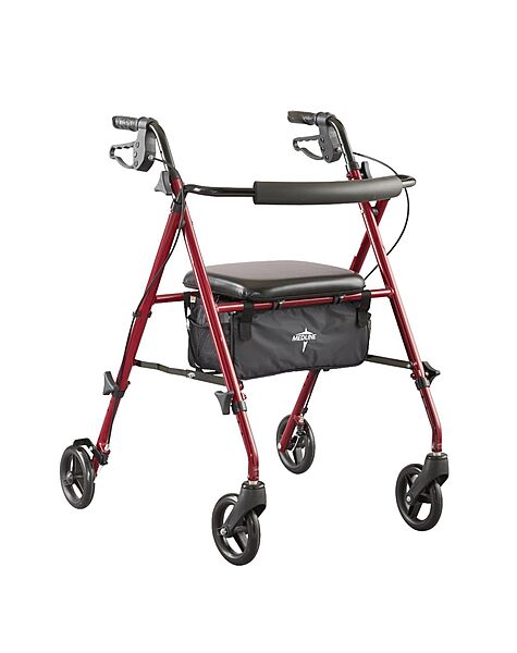 Medline Superlight Folding Aluminum Mobility Rollator Walker, Red, 250 lb. Weight Capacity, 6" Wheels, Adjustable Arms and Seat, Foldable Rolling Walker for Seniors Burgundy