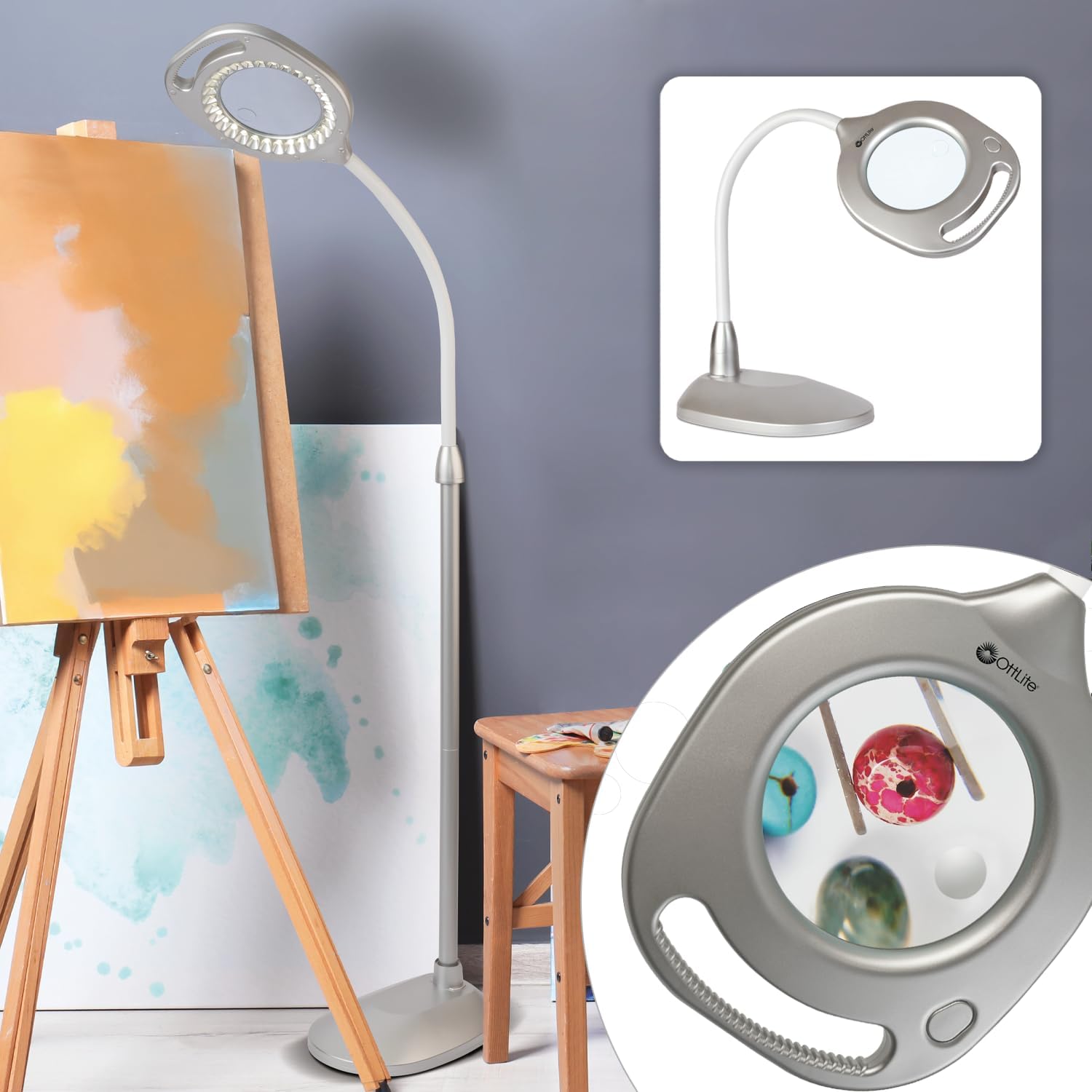 OttLite 2-in-1 LED Magnifier Floor & Table Light, Clearsun, Silver