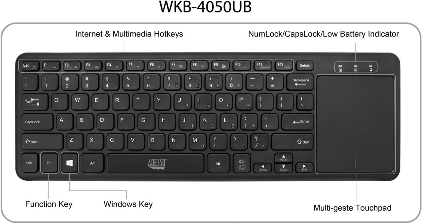 WKB-4050UB Wireless Keyboard with Built-in Touchpad, 2.4GHz RF Technology, Ultra-Slim Scissor Switch Keys, 30ft Range