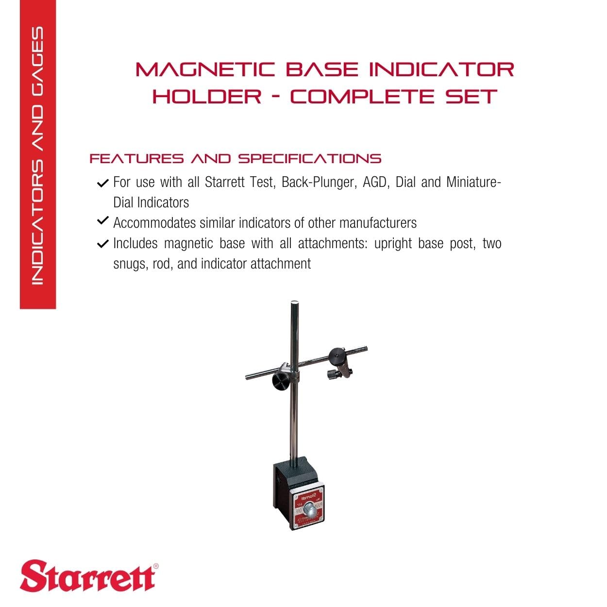 Starrett Magnetic Base Indicator Holder for Test, Back-Plunger, AGD, Dial and Miniature-Dial Indicators - Complete Set