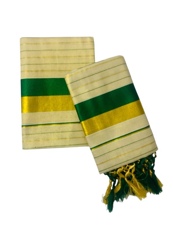 Women's Kuthampully Kerala Kasavu Set mundu Tissue with Kunjam | Kerala Tissue set mundu latest collections | Kuthampully set mundu - Multi color KTM-902 (Green-Gold)