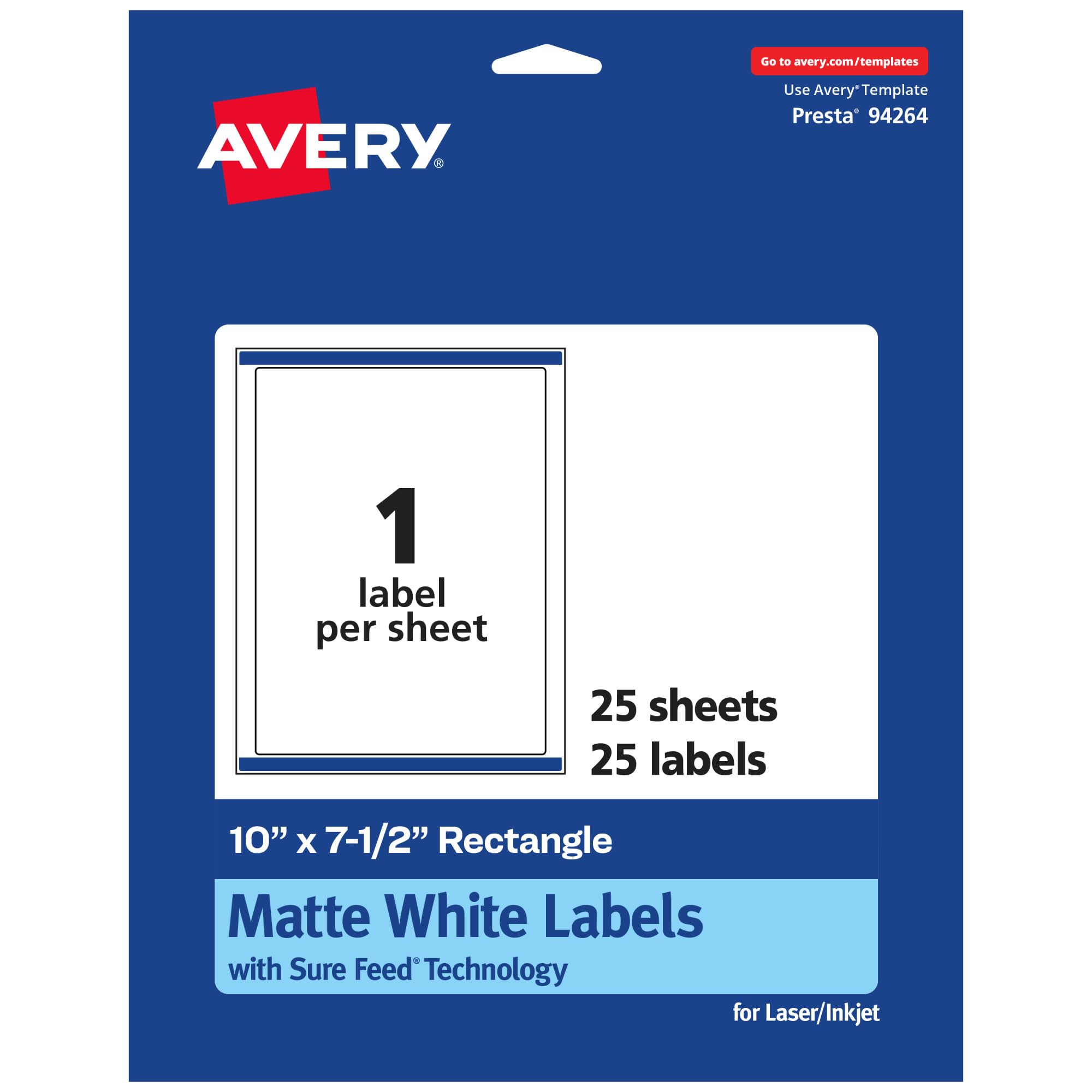 AVERY Matte White Rectangle Labels, Sure Feed Technology, 10" x 7.5"