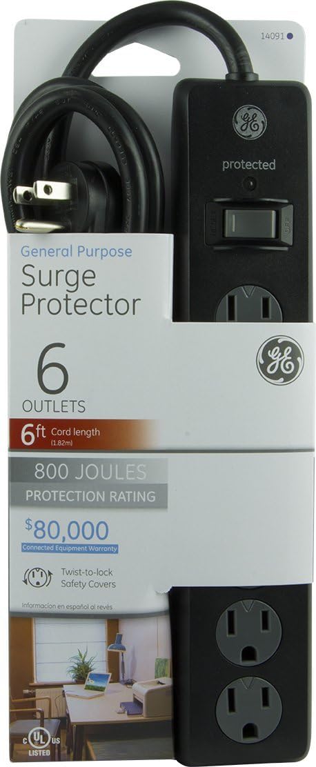 GE General Purpose 6-Outlet Surge Protector, 6 ft Extension Cord, 800 Joules, Twist-to-Close Safety Outlet Covers, Flat Plug