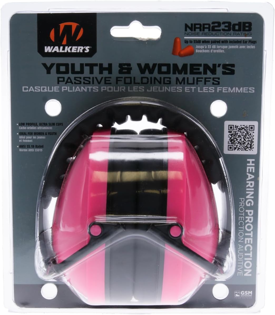 WALKER'S Youth & Women's Low Profile Folding Padded Hearing Protection Earmuffs