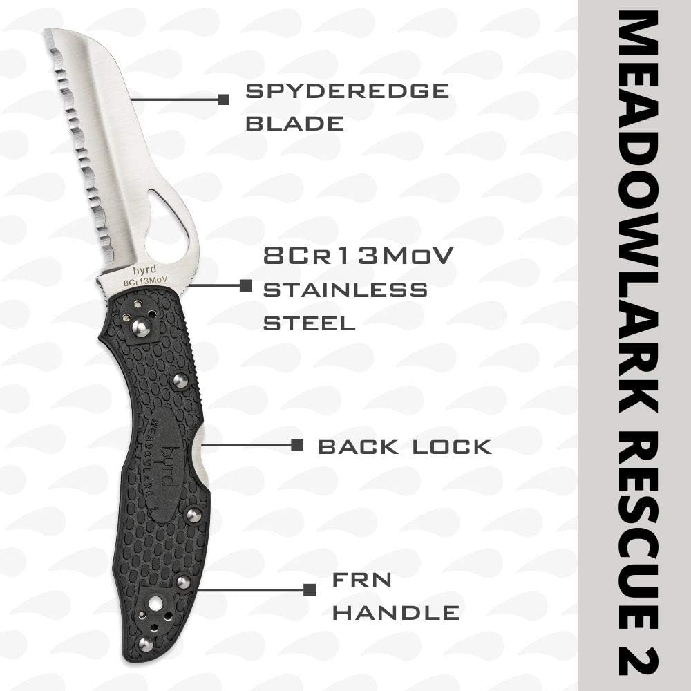 Byrd Meadowlark 2 Rescue Lightweight Knife with 3.05" Stainless Steel Sheepfoot Blade and High Performance Black FRN Handle