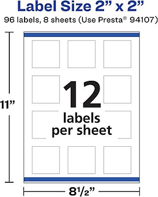 Avery Durable Removable Square Labels, Sure Feed Technology, 2" x 2", Matte White Film, Water-Resistant, Print-to-The-Edge, Laser/Pigment-Based Inkjet Printable, 96 Total 96 labels
