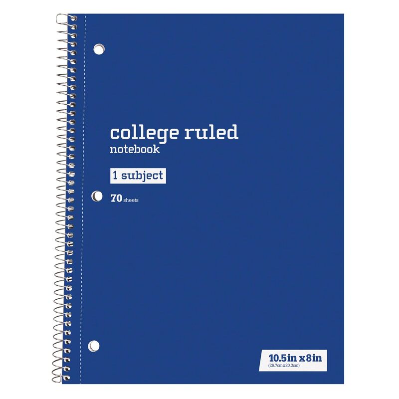 Just Basics® Spiral Notebook, 7 1/2" x 10 1/2", College Ruled, 140 Pages (70 Sheets), Blue