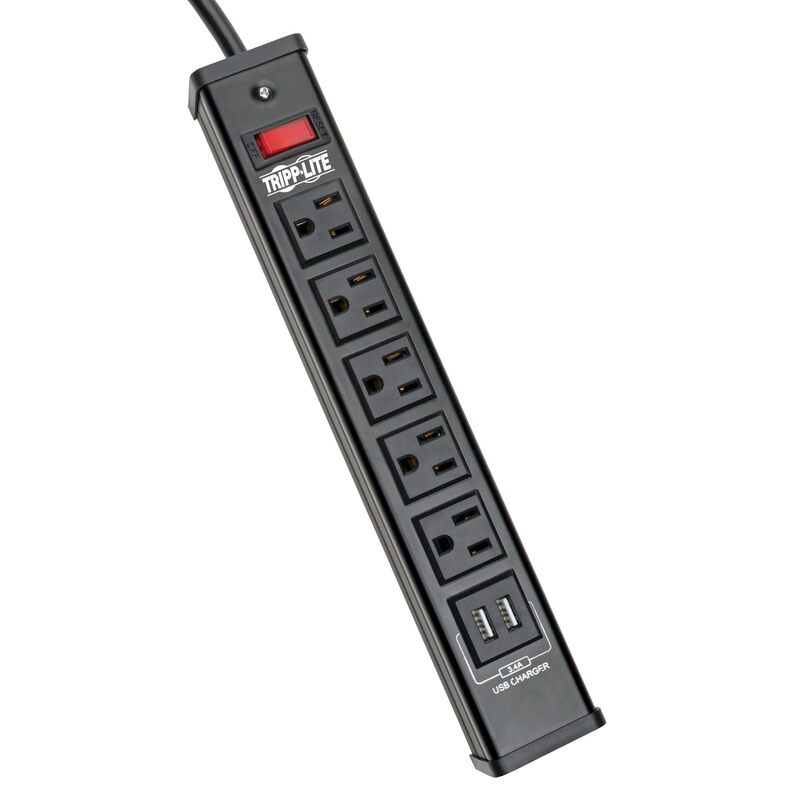 Tripp Lite 5 Outlet Surge Protector Power Strip, 6ft Cord, 450 Joules, 2 USB Charging Ports, Led, $10K Insurance (TLM526USBB), 14.25in. X 4.75in. X 2.00in,Black
