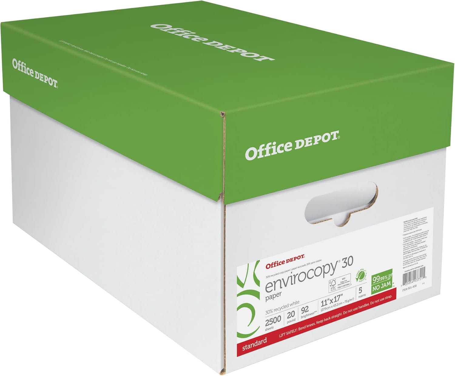 Office Depot EnviroCopy Copy Paper, 5 Reams, White, Ledger (11in x 17in), 2500 Sheets Per Case, 20 Lb, 30% Recycled