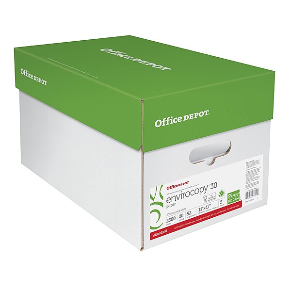 Office Depot EnviroCopy Copy Paper, 5 Reams, White, Ledger (11in x 17in), 2500 Sheets Per Case, 20 Lb, 30% Recycled, FSC Certified
