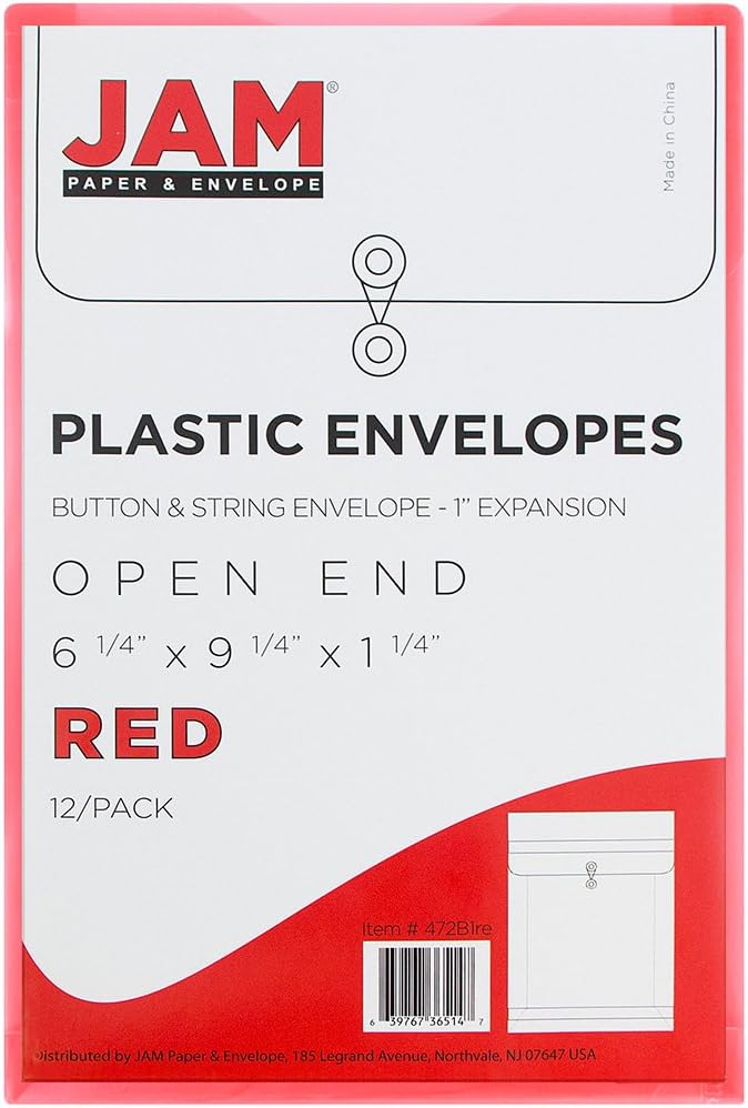 JAM PAPER Open-End Plastic Envelopes, Button & String