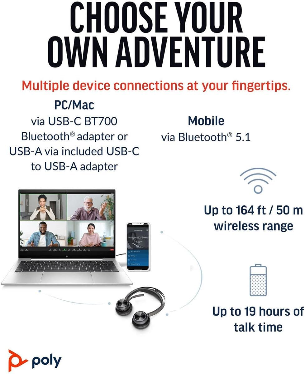 Poly Voyager Focus 2, Headset, on-ear, Bluetooth, wireless, active noise canceling, USB-C via Bluetooth adapter, black