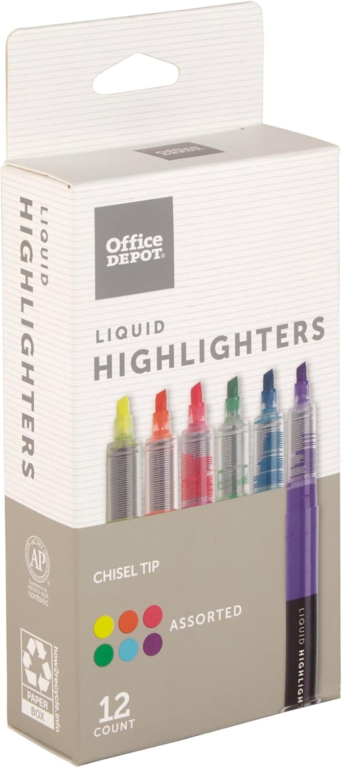 Office Depot Brand(R) Liquid Ink Highlighters With Chisel Tips, Assorted Colors, Pack Of 12, OD24660