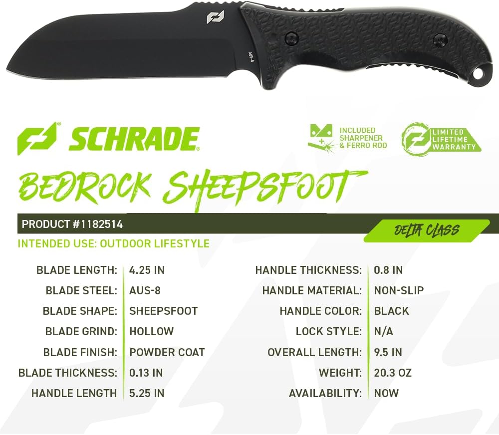 Schrade Delta Class Bedrock Sheepsfoot Fixed Blade with 10.4in Stainless Steel Blade, TPE Handle for Outdoor Survival