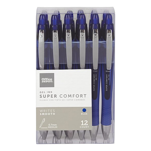 Office Depot Super Comfort Grip Retractable Gel Pens, Medium Point, 0.7 mm, Blue Barrel, Blue Ink, Pack Of 12
