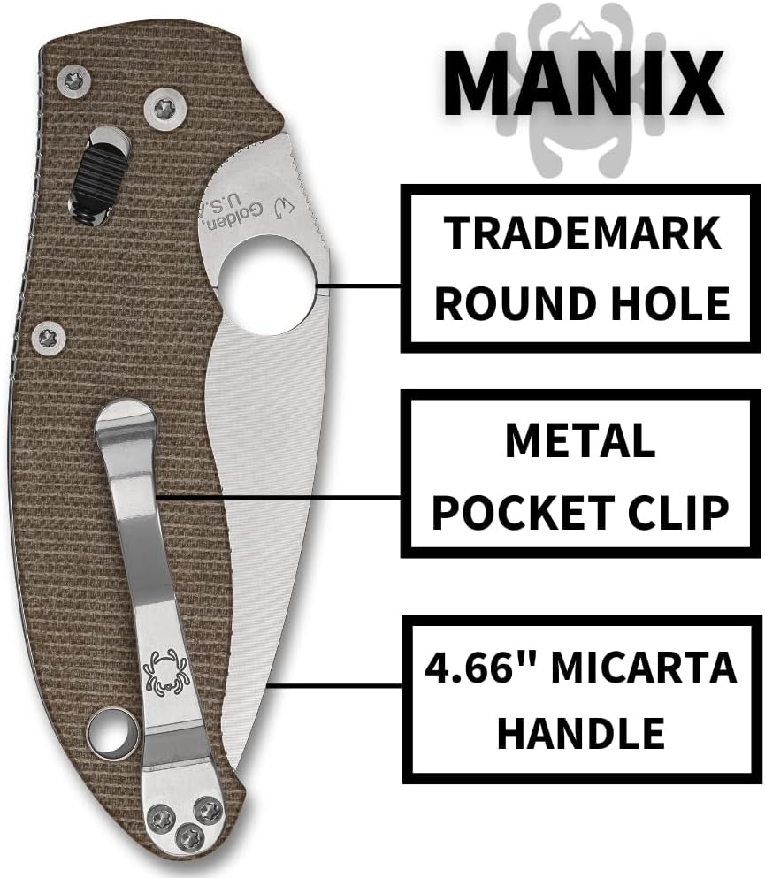 Spyderco C101MPCW2 Manix 2 Brown Canvas with Micarta Handle - CPM CRU-WEAR Steel Blade, PlainEdge, Full-Flat Grind