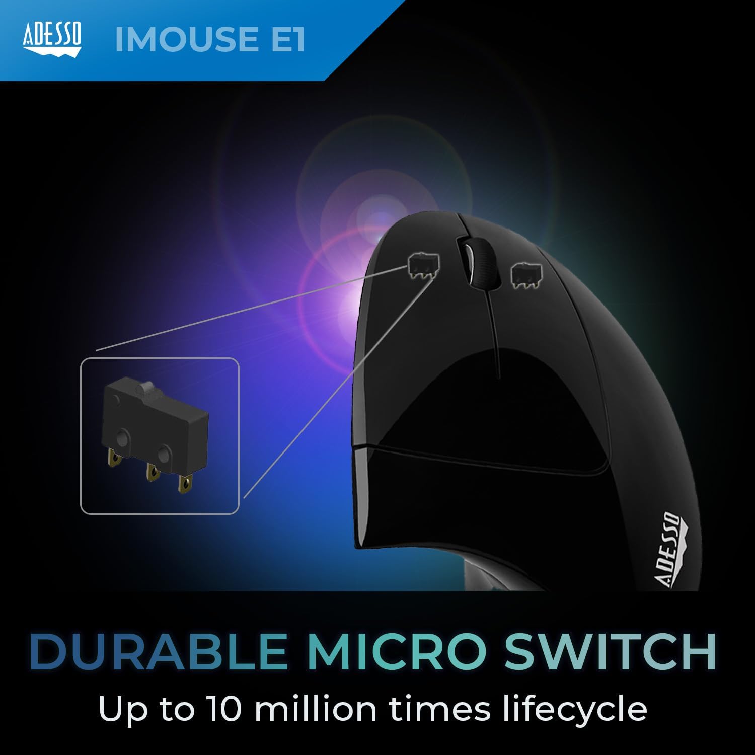 Adesso iMouse E1 Wired Vertical Ergonomic Illuminated Optical 6-Button USB Mouse - Glossy Black, Right-Handed